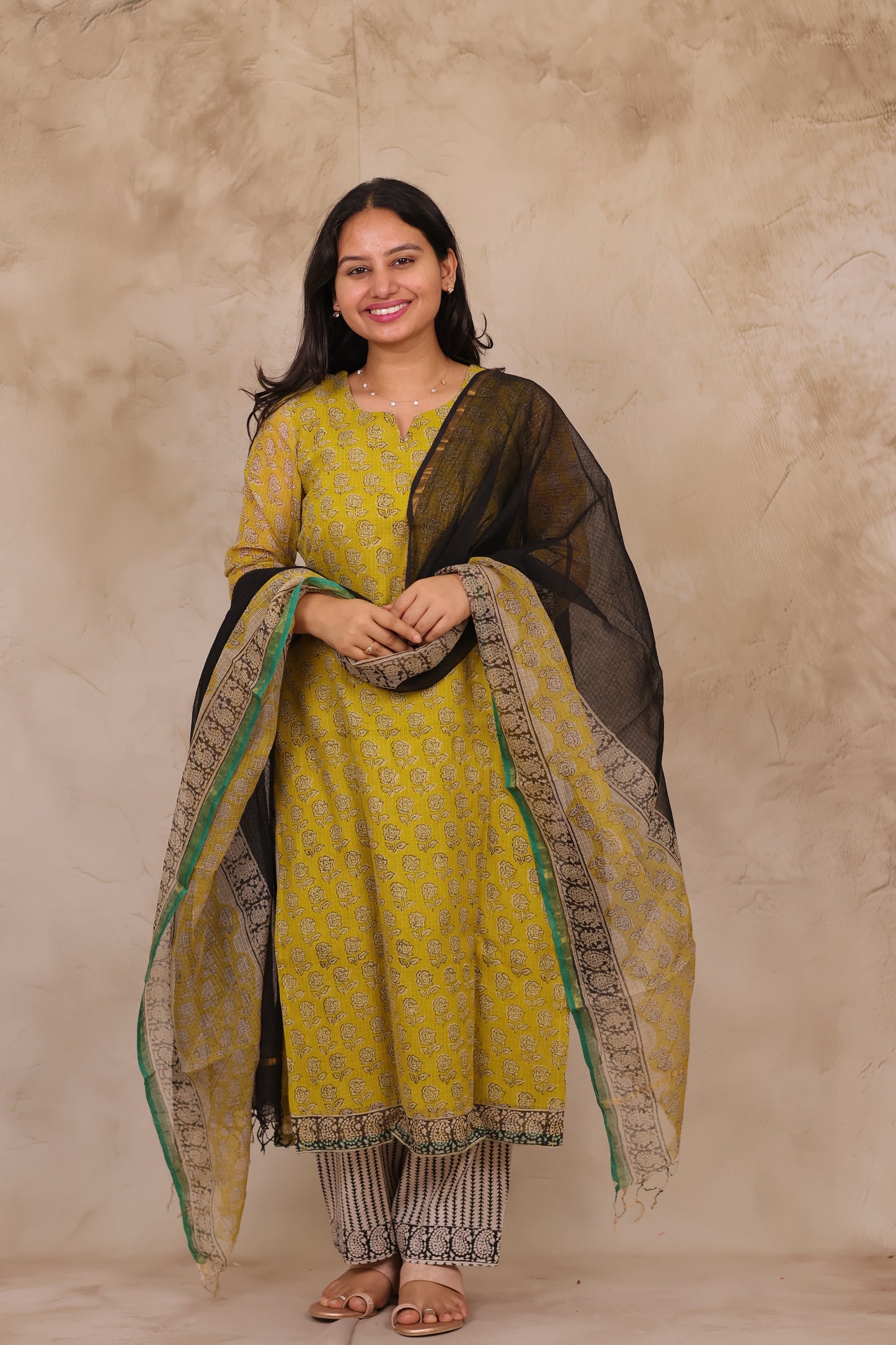 Yellow Handblock printed kota 3 piece suit (stitched)