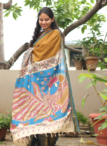 Mustard Kanchi border Kalamkari chennur silk saree