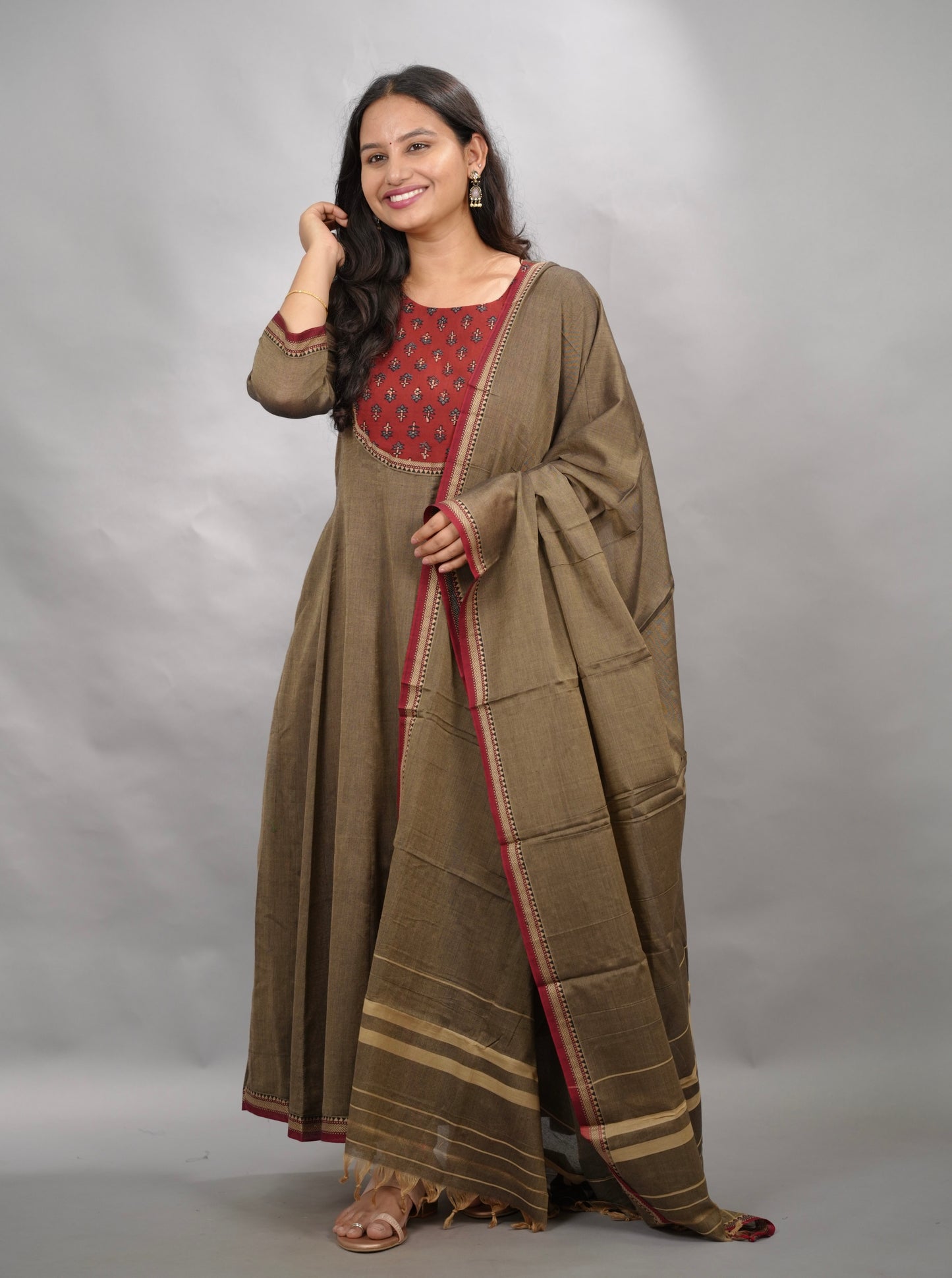 Grey Ajrakh Patch Work Narayanpet Cotton Anarkali Dress with Narayanpet Dupatta | Looms & Tassels