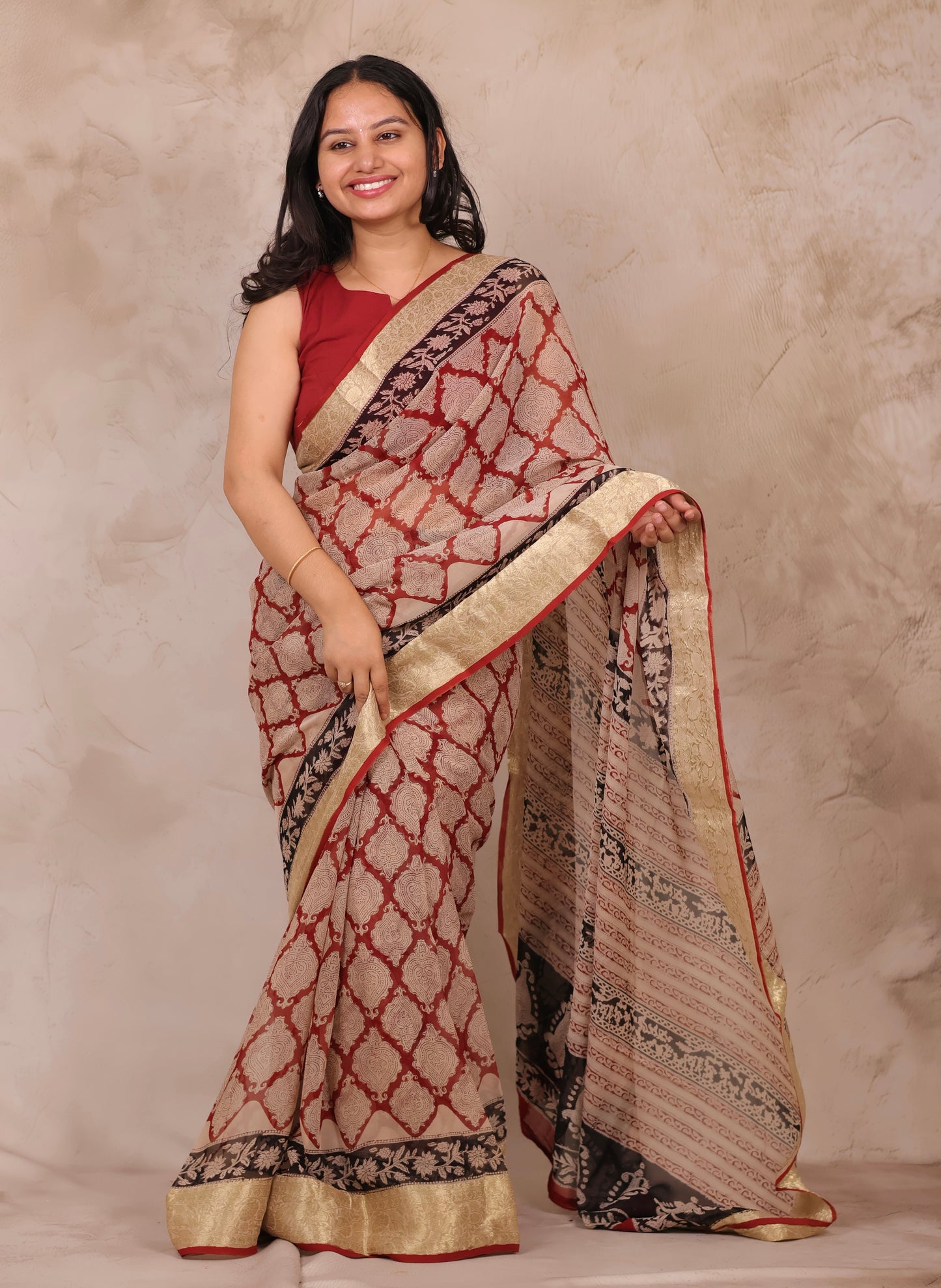 Maroon Chiffon Hand Block Printed Saree with Jari Border | Looms & Tassels