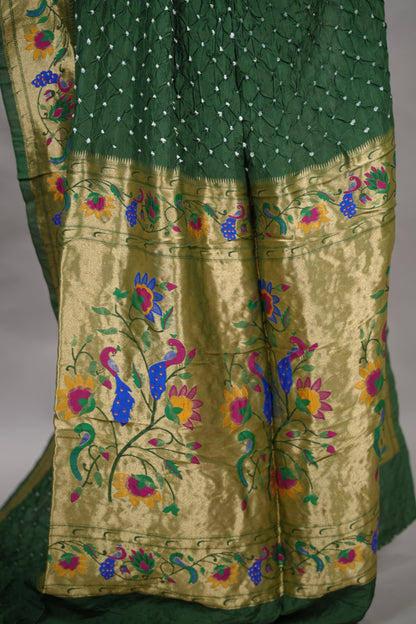 Green Handcrafted Bandhani Paithani Dola Silk Saree | Looms & Tassels