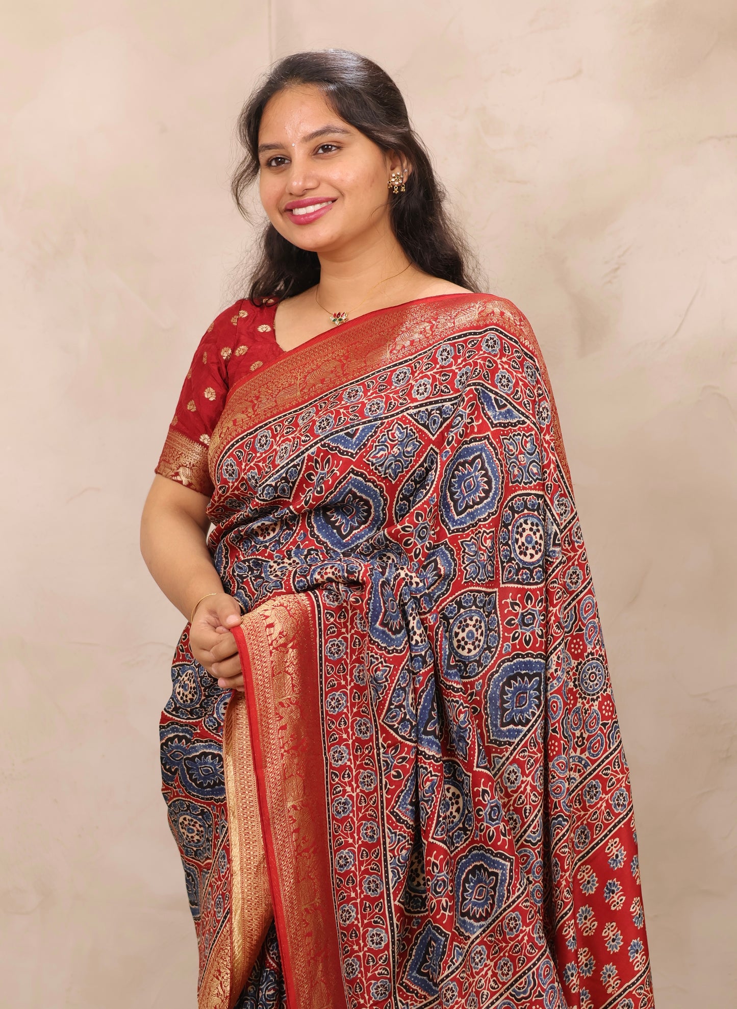 Red Badam Butta Ajrakh Handblock printed Dola Silk Saree | Looms & Tassels