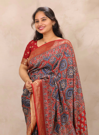 Red Badam Butta Ajrakh Handblock printed Dola Silk Saree | Looms & Tassels