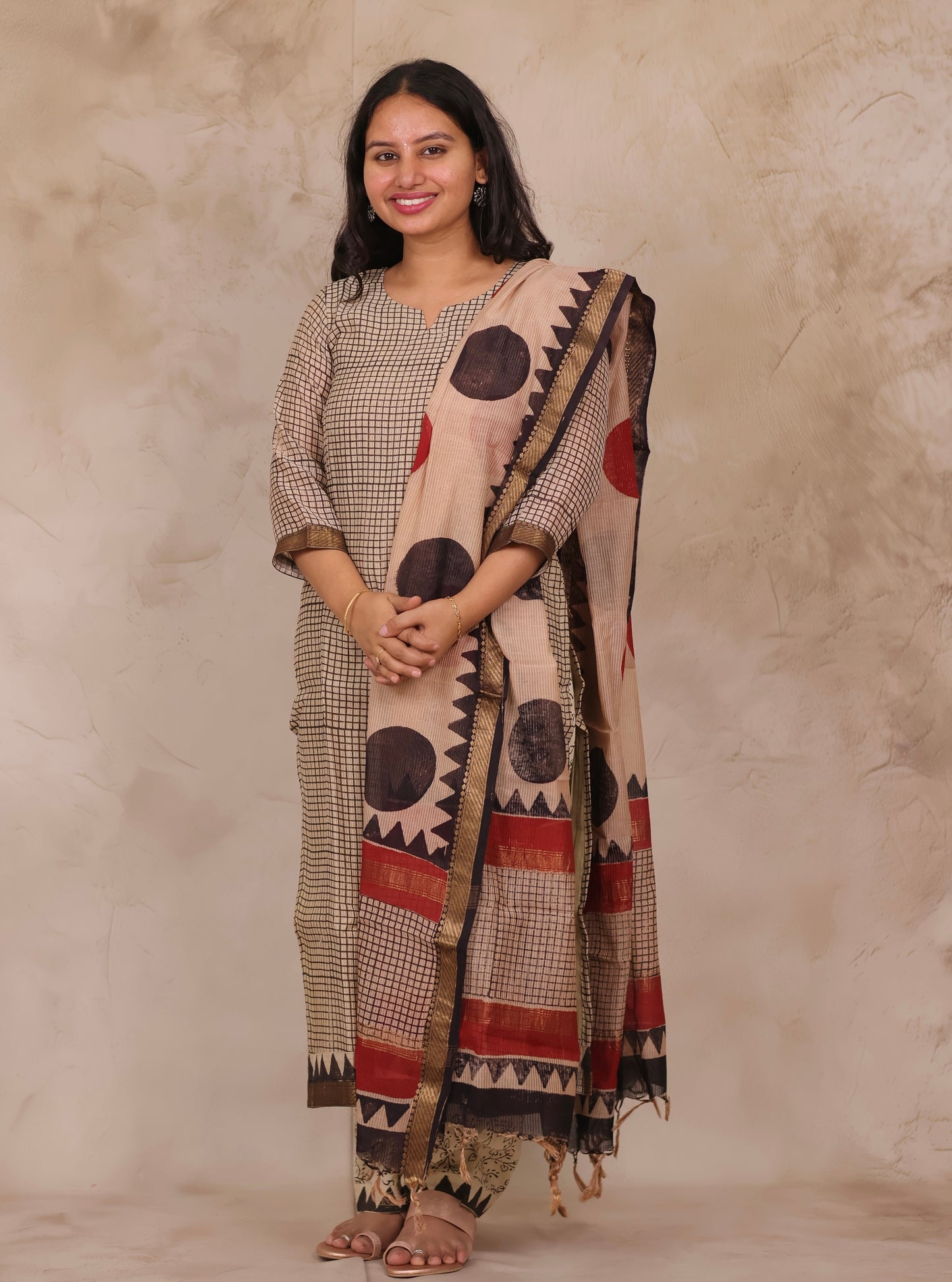 Cream stripes Handblock printed Pure Maheswari Silk 3 piece suit (stitched)