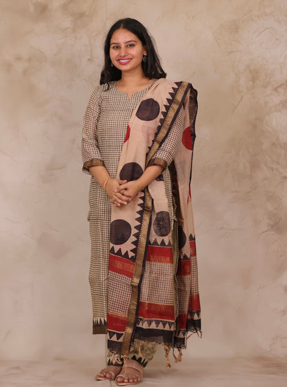 Cream stripes Handblock printed Pure Maheswari Silk 3 piece suit (stitched)