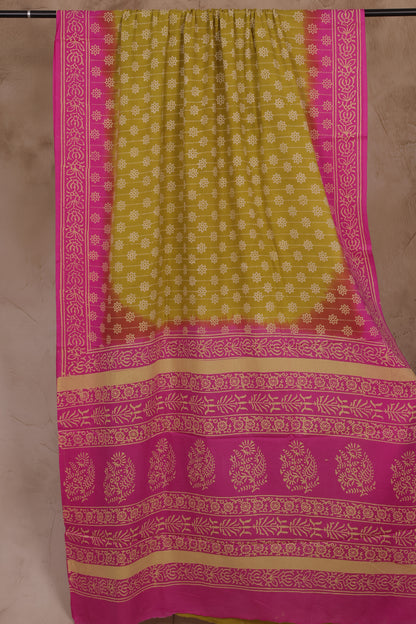 Lemon Green & Pink Bagru Handblock printed MulMul cotton saree | Looms & Tassels