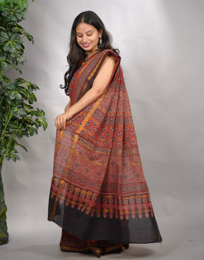 Maroon Ajrakh Hand Block Printed Sungudi Cotton Saree | Looms & Tassels