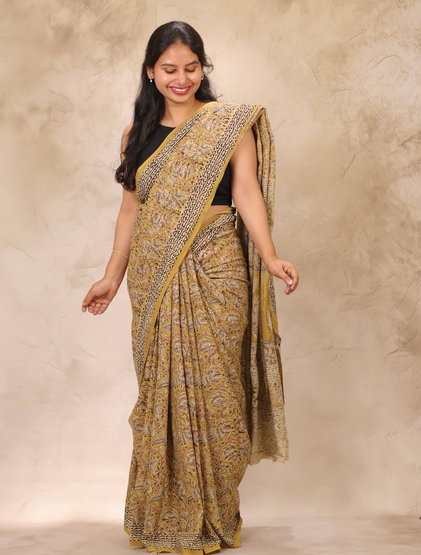 Mustard Hand Block Printed Kalamkari Cotton Saree | Looms & Tassels
