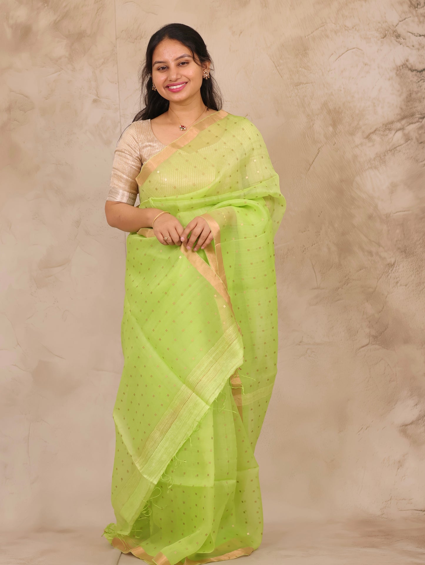 Pista Green Handwoven Muslin Silk Saree With Sequence Work | Looms & Tassels