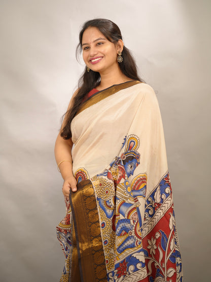 Cream Kanchi border Kalamkari Chennur Silk Saree | Looms & Tassels