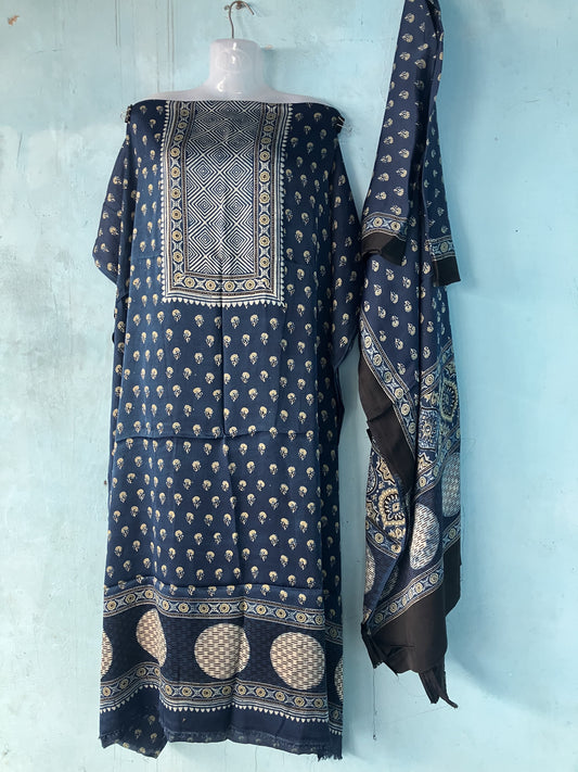 Indigo Ajrakh Handblock Printed Modal Silk 2 Piece Suit Set | Looms & Tassels