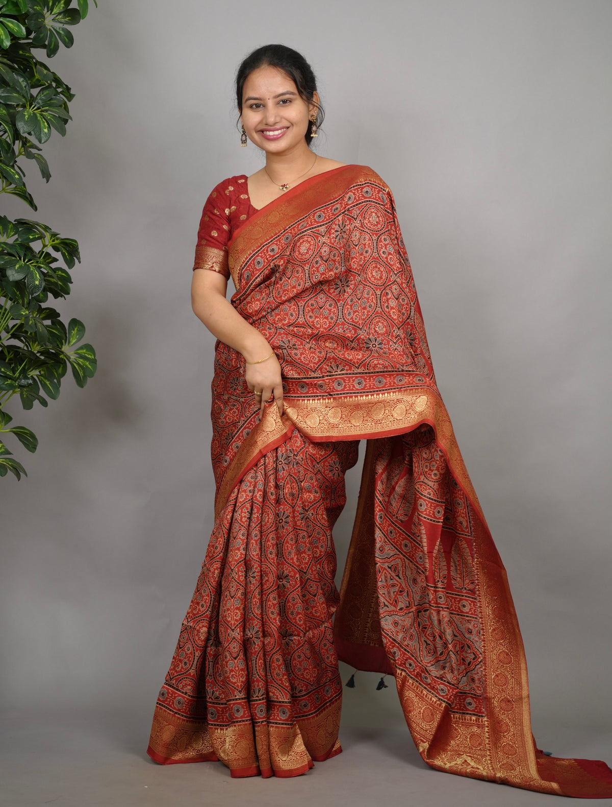 Maroon Ajrakh Handblock printed Dola Silk Saree| Looms & Tassels