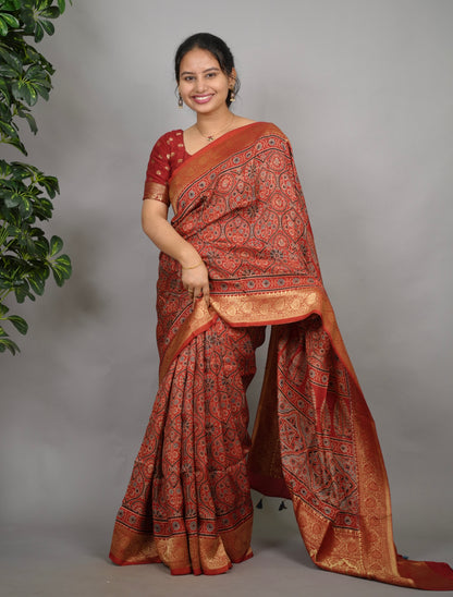 Maroon Ajrakh Handblock printed Dola Silk Saree| Looms & Tassels