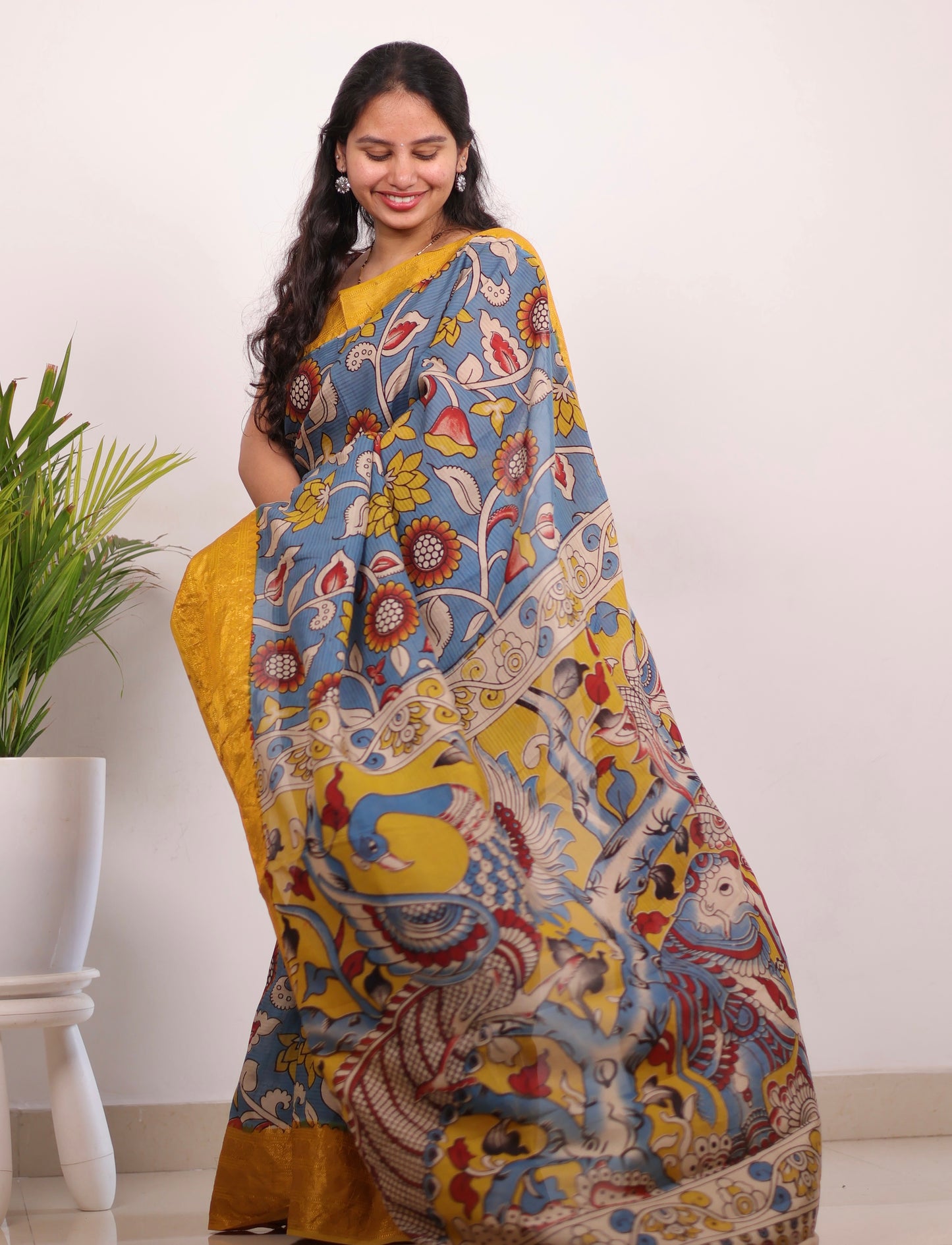 Sky Blue Kanchi border Kalamkari chennur silk saree