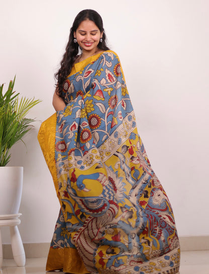 Sky Blue Kanchi border Kalamkari chennur silk saree