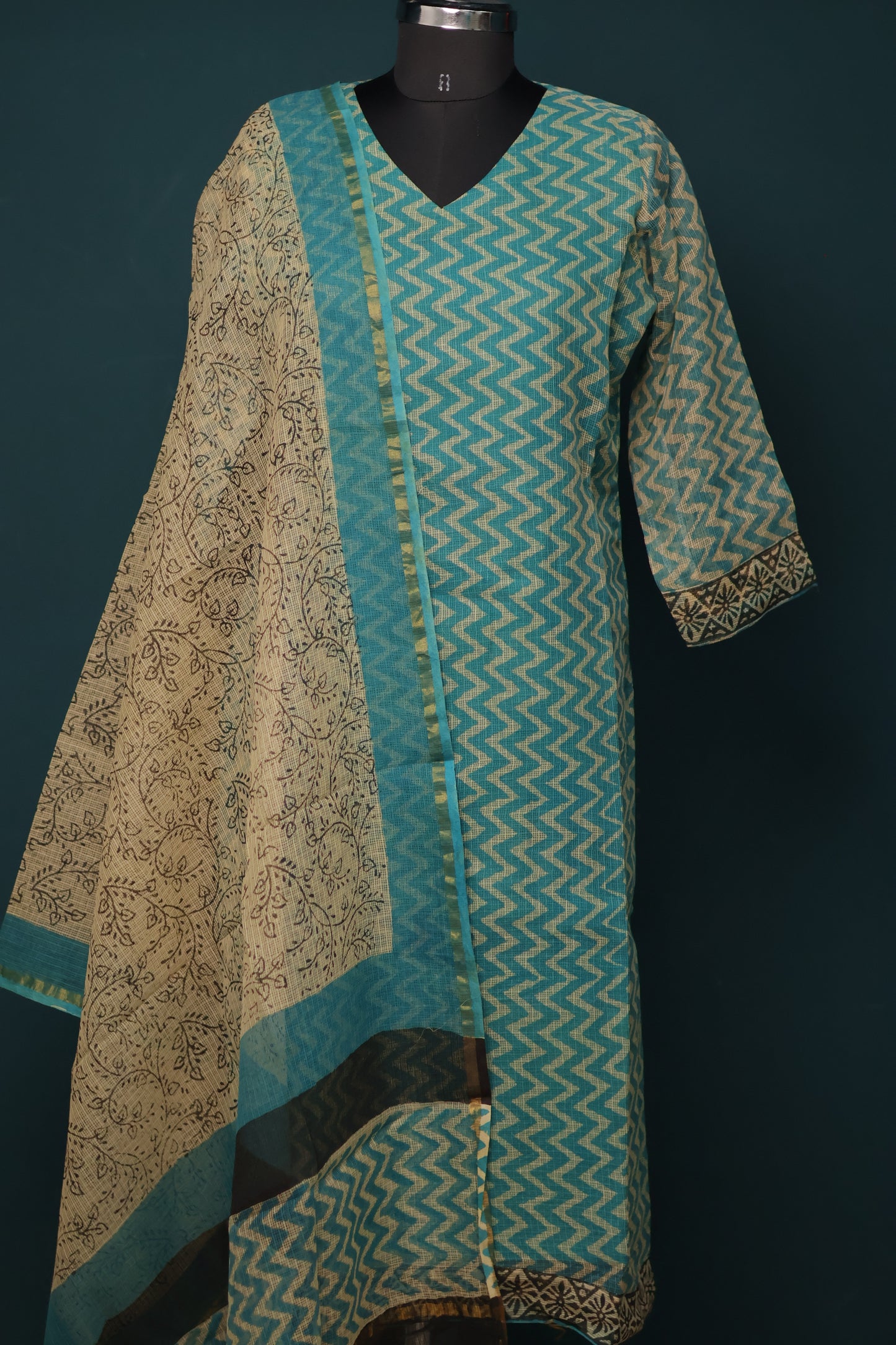 Handblock printed kota 3 piece suit (stitched)