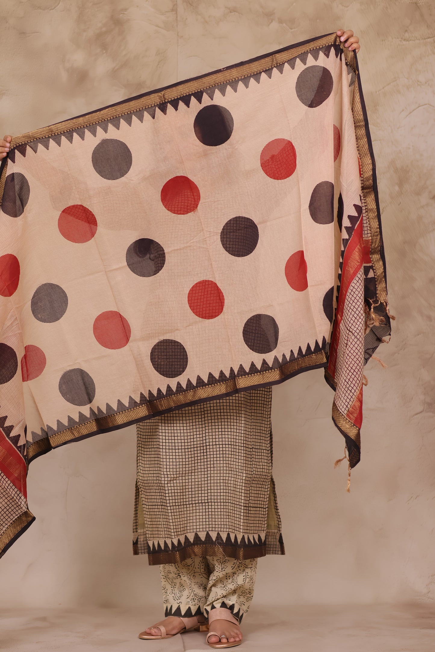Cream stripes Handblock printed Pure Maheswari Silk 3 piece suit (stitched)