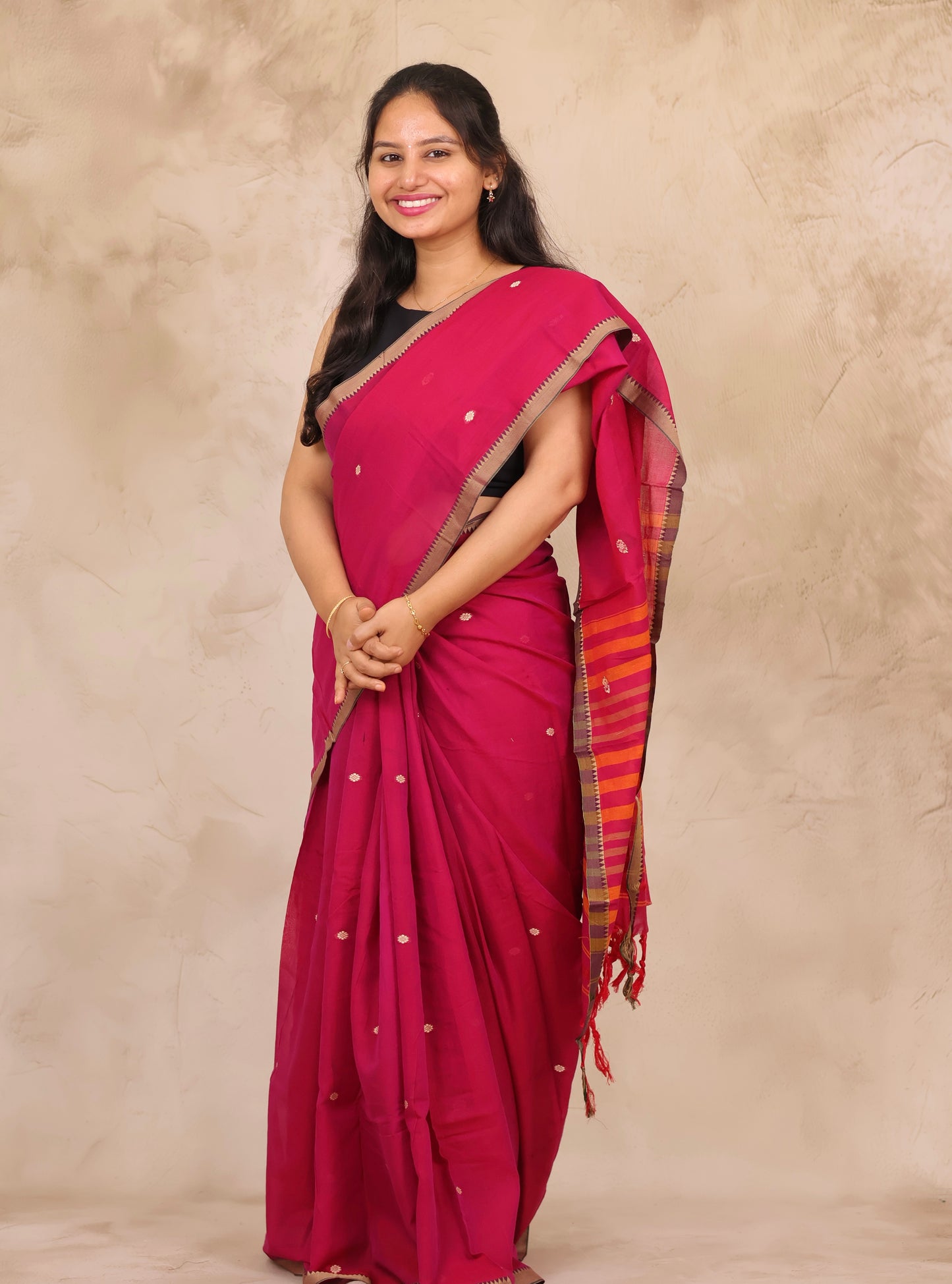 Pink Narayanpet Cotton Saree With Butta Weaving | Looms & Tassels