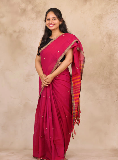 Pink Narayanpet Cotton Saree With Butta Weaving | Looms & Tassels