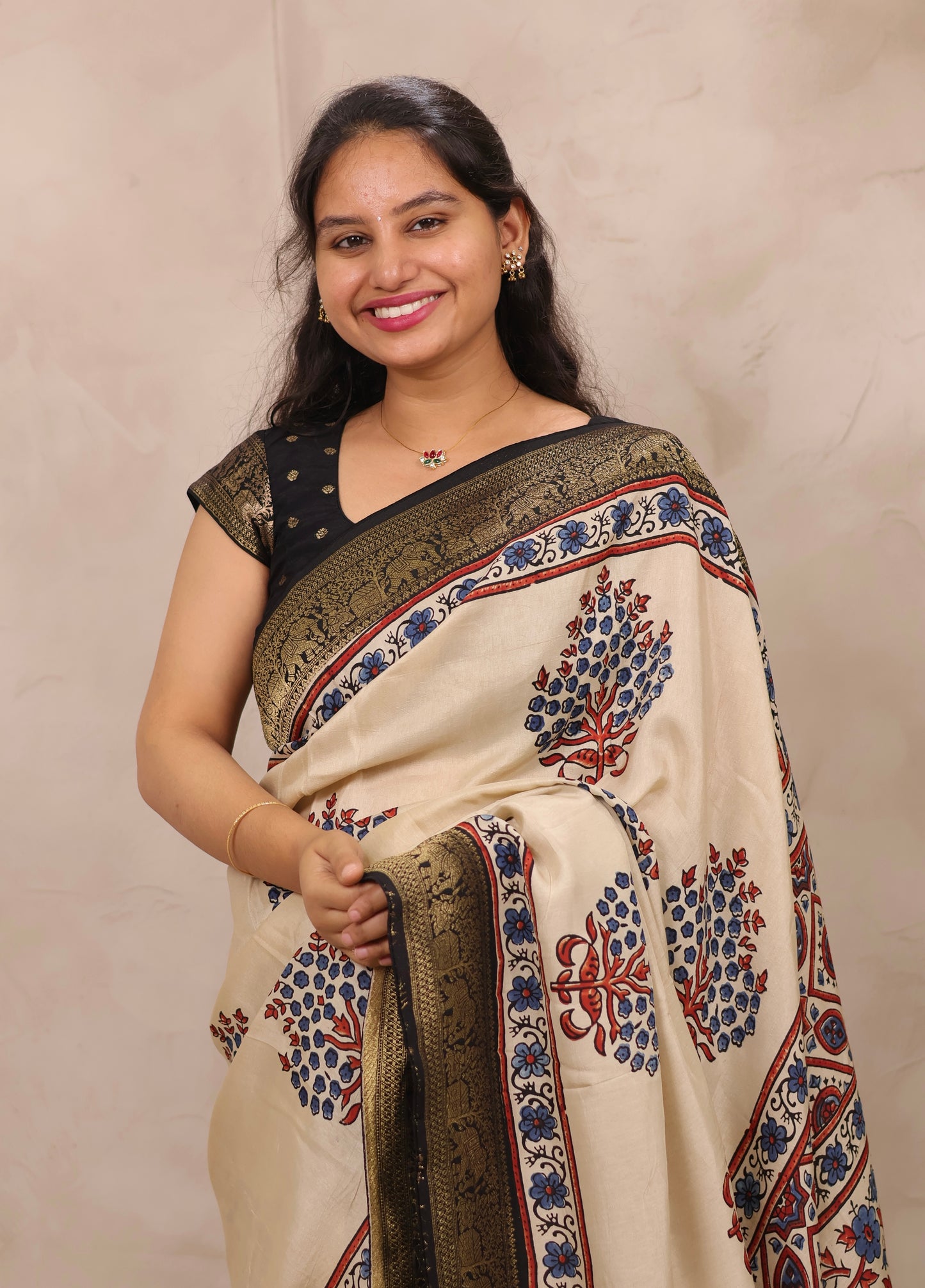 Cream Ajrakh Handblock printed Dola Silk Saree | Looms & Tassels