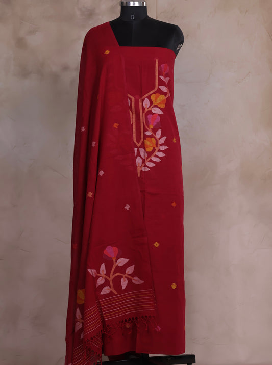 Maroon Handwoven Jamdhani weaving pure Malai cotton 2 piece suit sets | Looms & Tassels