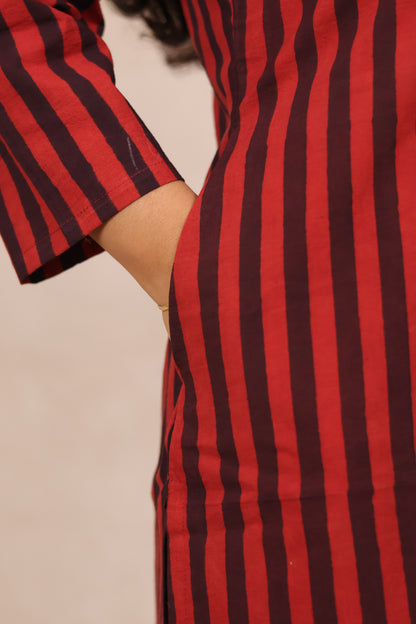 Red Contemporary Ajrakh Pattern Hand Block Cotton printed Kurti | Looms & Tassels