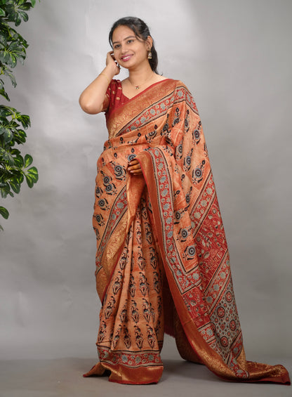 Onion Pink Ajrakh Handblock printed Dola Silk Saree| Looms & Tassels