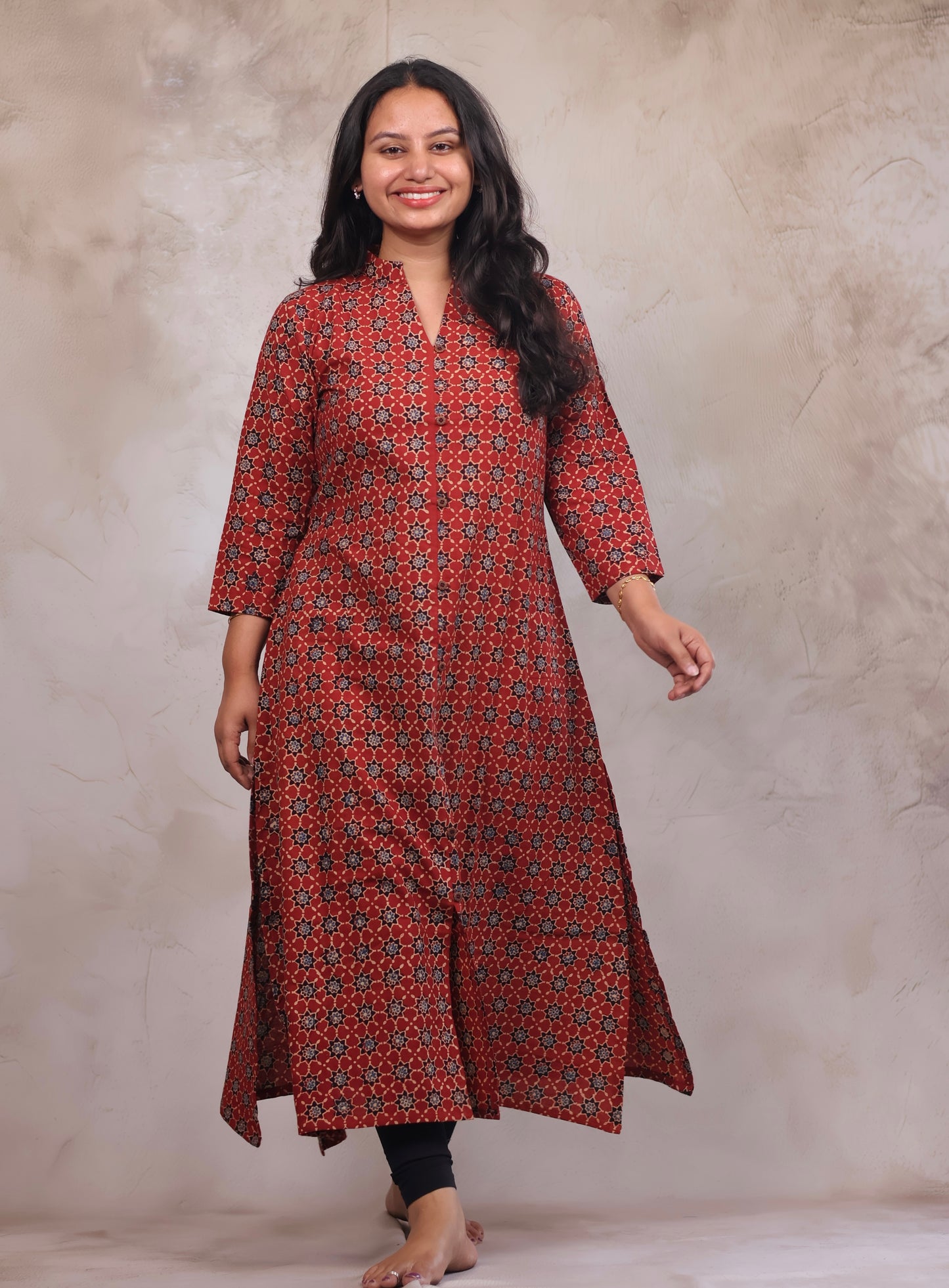 Red Ajrakh Hand Block Printed Kurti | Looms & Tassels