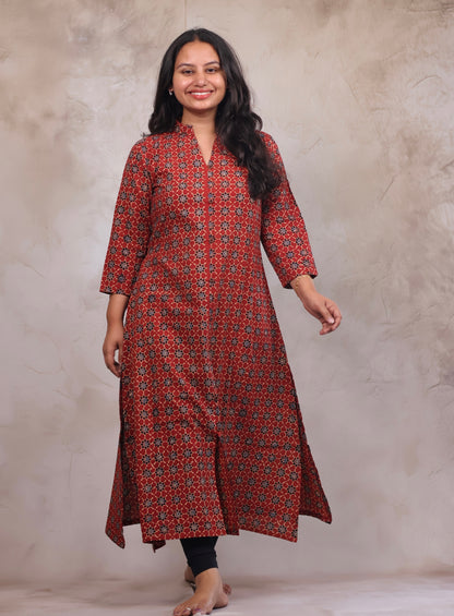 Red Ajrakh Hand Block Printed Kurti | Looms & Tassels