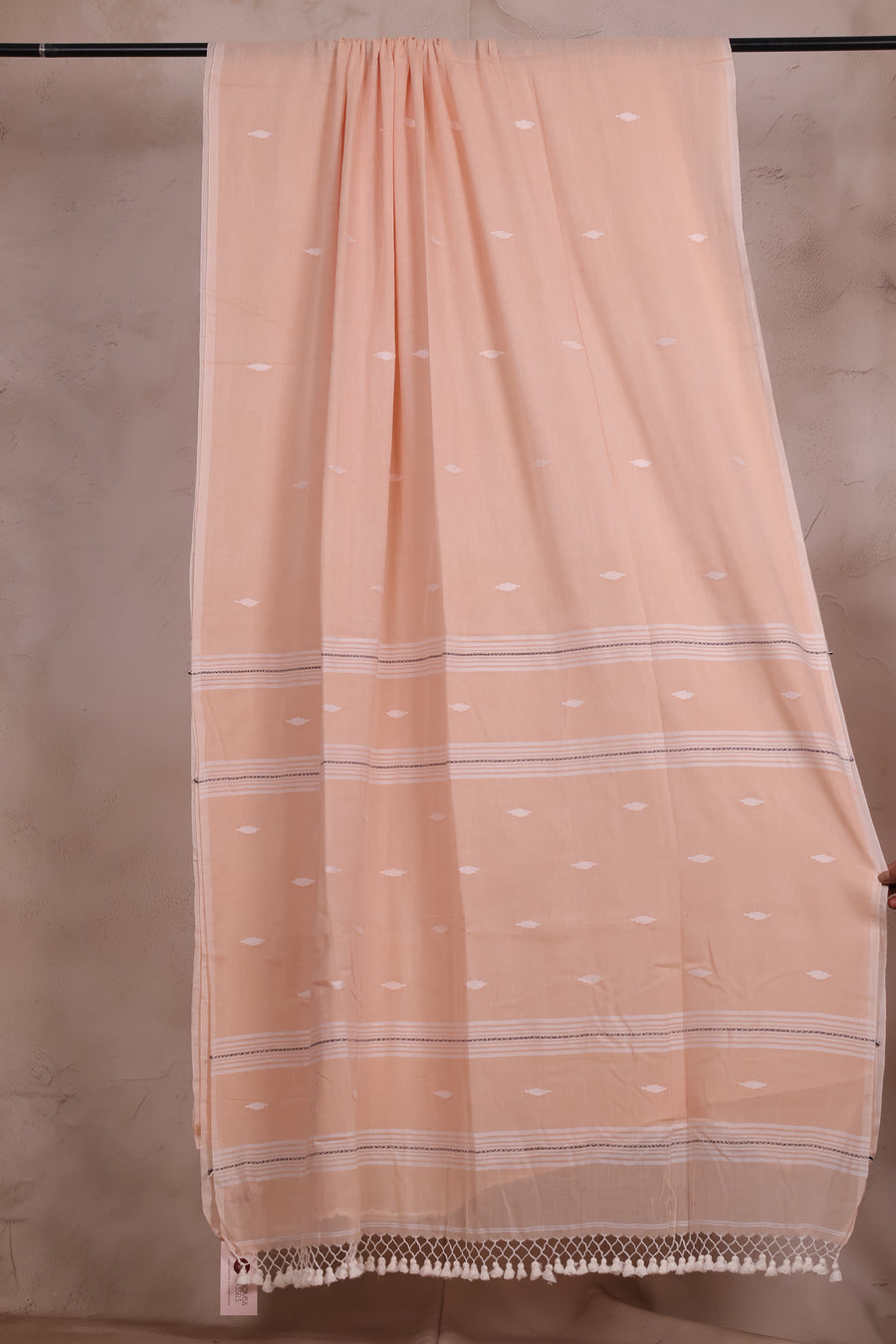 Cream Handwoven Malai Cotton Saree with Butta Weaving | Looms & Tassels