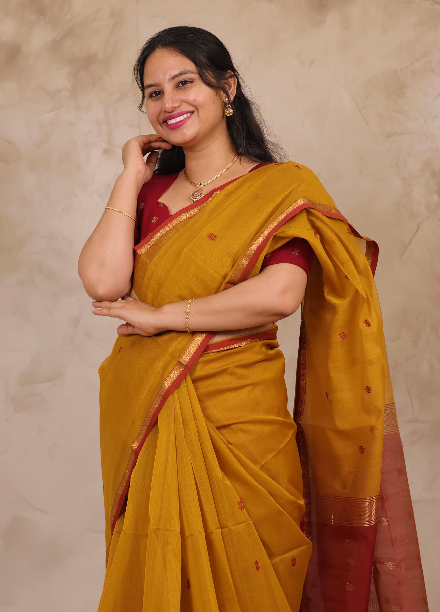 Mustard Handloom Maheswari Silk Cotton Sarees | Looms & Tassels