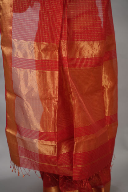 Red Checks Handloom Maheswari Silk Cotton Sarees | Looms & Tassels