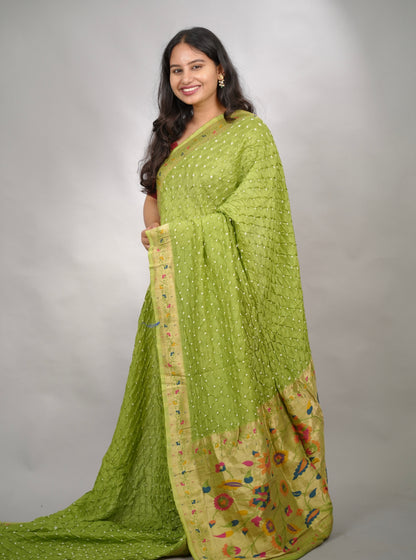 Parrot Green Handcrafted Bandhani Paithani Dola Silk Saree | Looms & Tassels