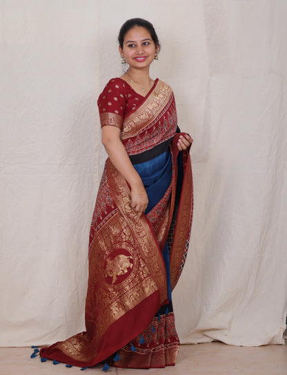 Cyan Blue Ajrakh Dola Silk Saree