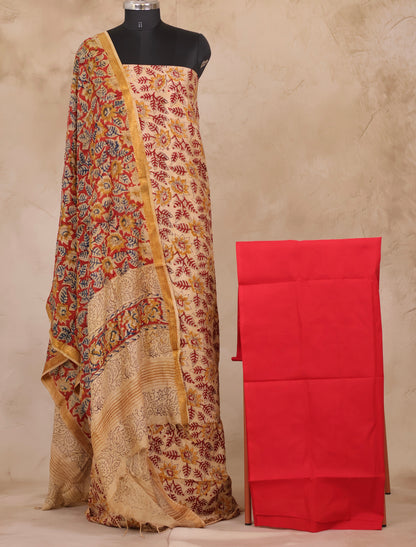 Hand Block Printed Kalamkari Unstitched 3pc Suit Set