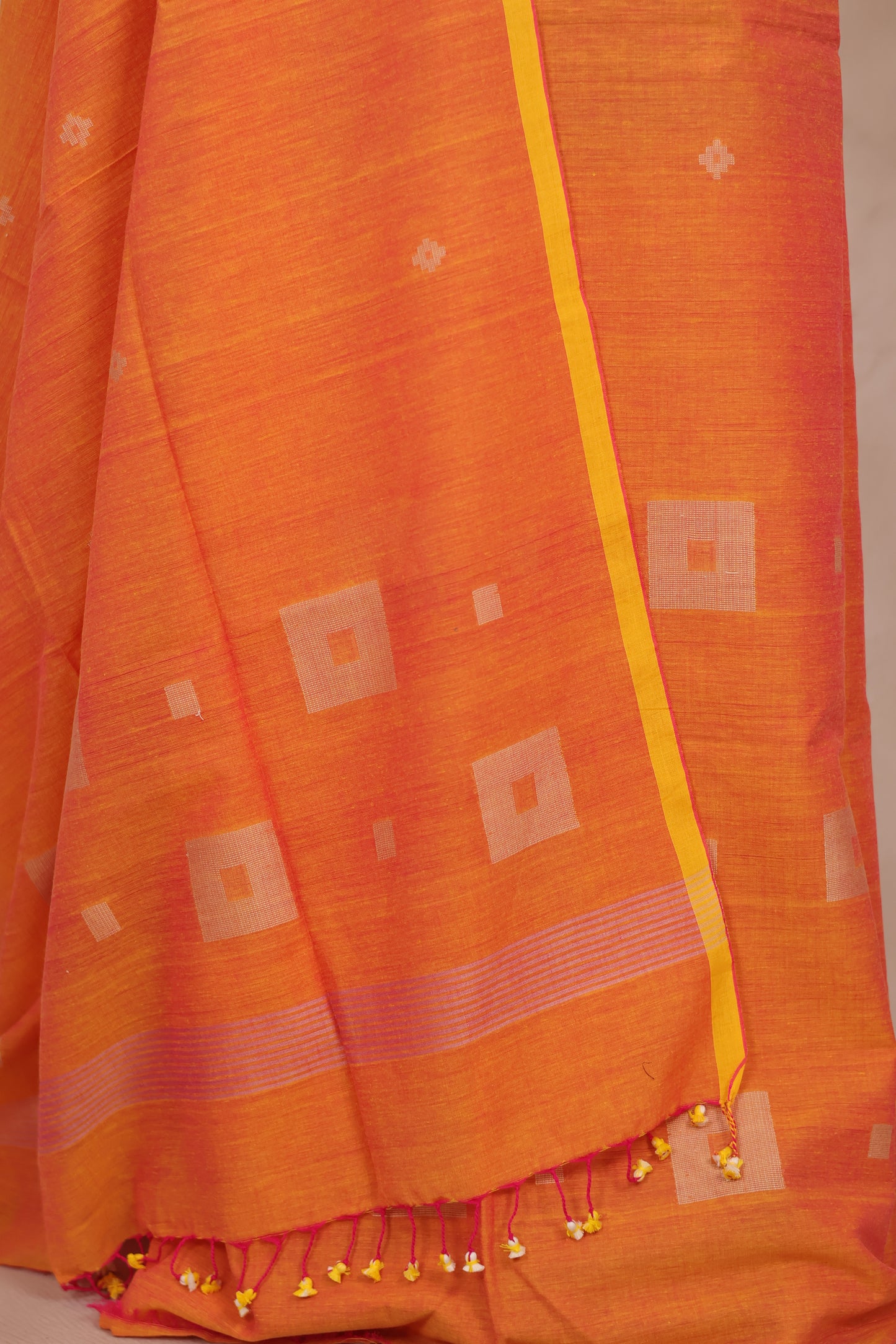 Orange Handwoven Jamdhani weaving pure Mercerised Malai cotton 2 piece suit sets | Looms & Tassels