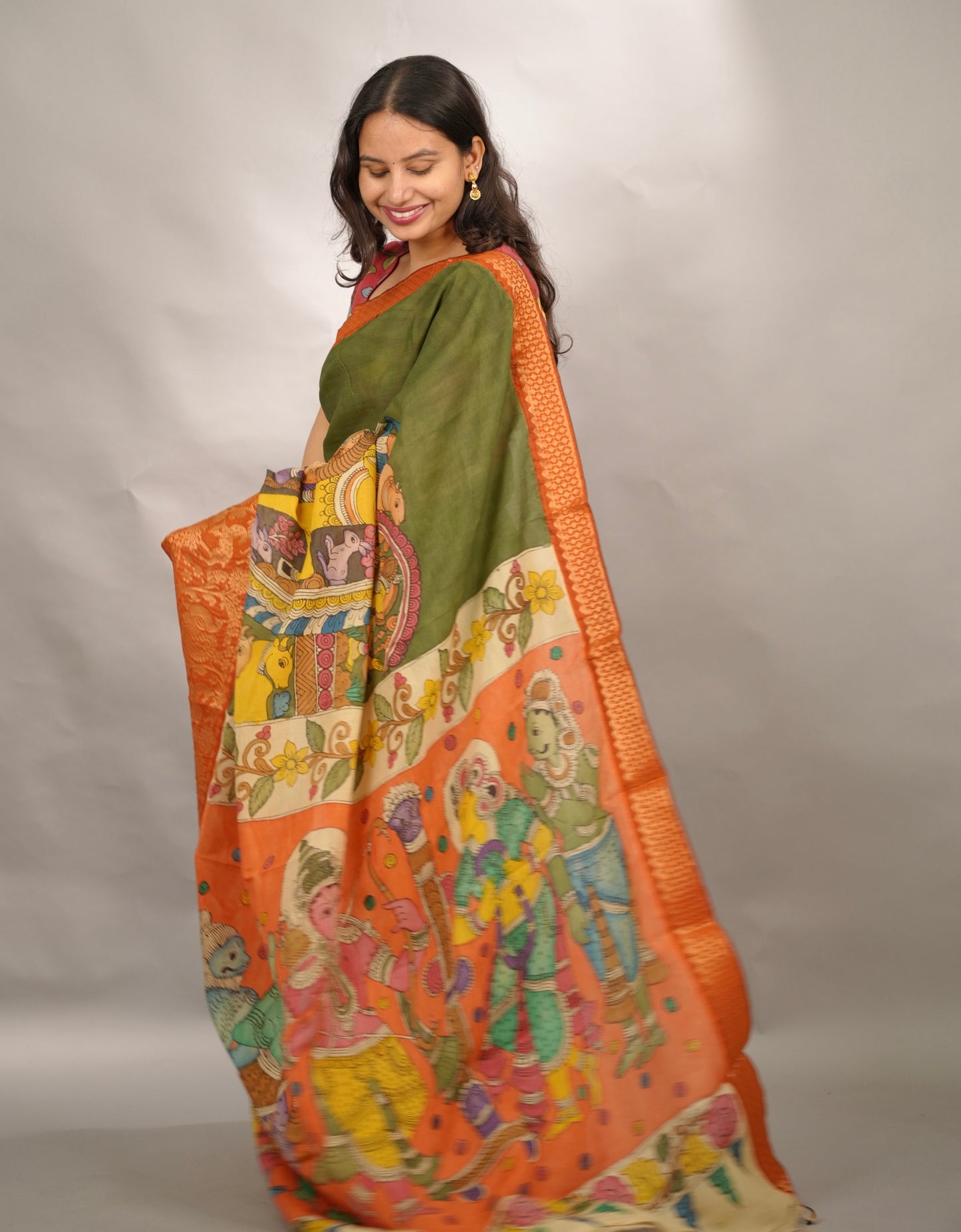 Olive Green Hand Drawn Pen Kalamkari Bangalore Silk Kanchi Border Saree | Looms & Tassels