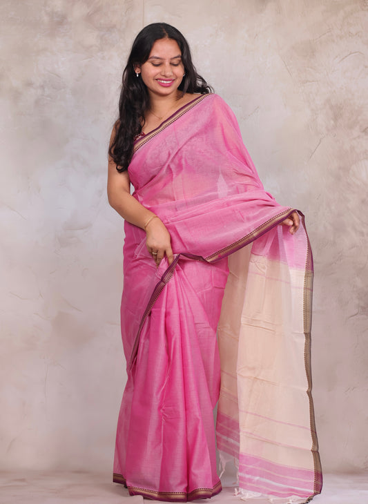 Pink Narayanpet Cotton Saree | Looms & Tassels