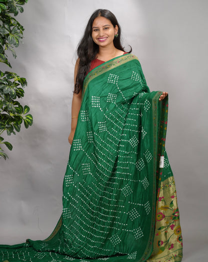 Green Handcrafted Pattern Bandhani Paithani Dola Silk Saree | Looms & Tassels