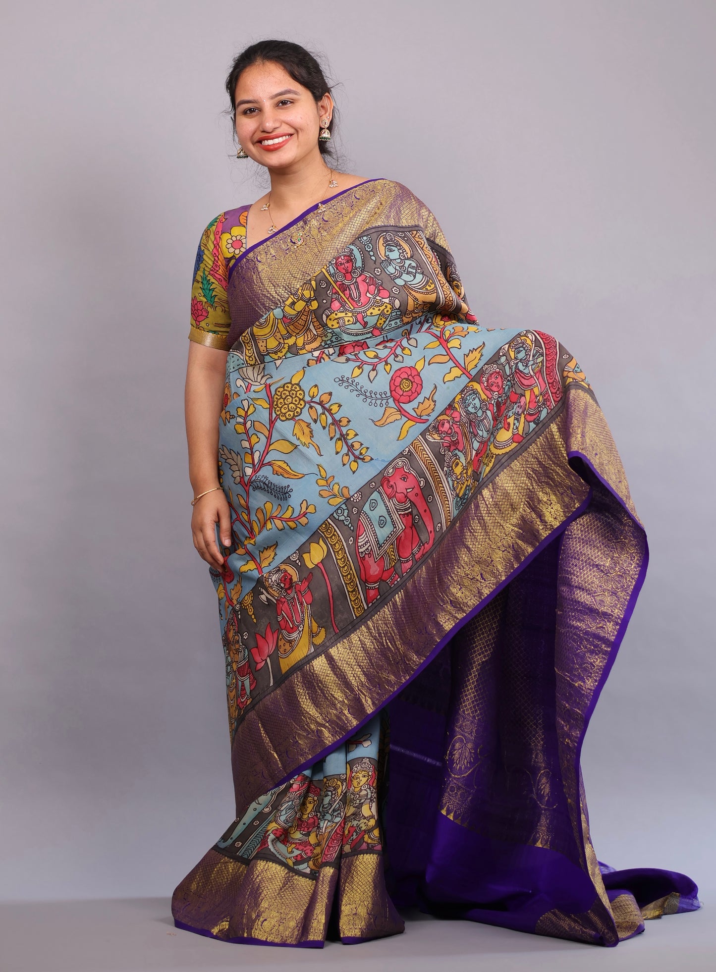 Blue Kanchi Pattu Hand Painted Pen Kalamkari Saree