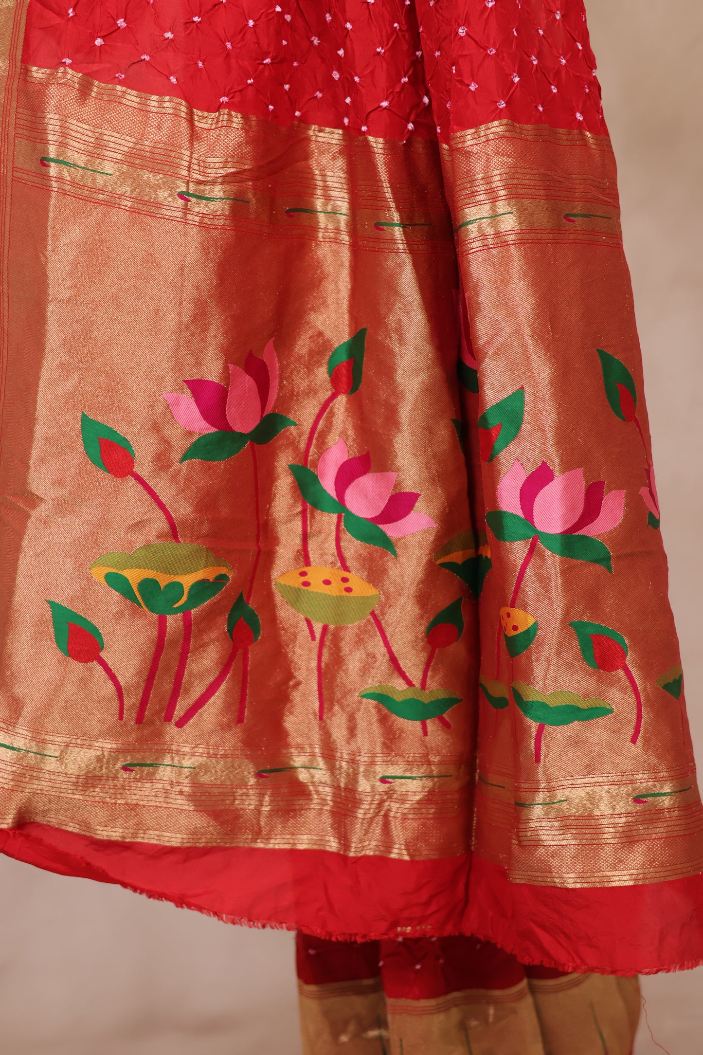 Red Handcrafted Bandhani Paithani Dola Silk Saree | Looms & Tassels
