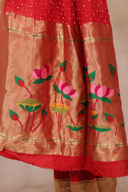 Red Handcrafted Bandhani Paithani Dola Silk Saree | Looms & Tassels
