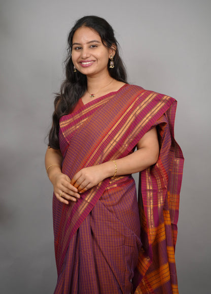 Dual Tone Checks Narayanpet Cotton Saree with Traditional contrast Border | Looms & Tassels