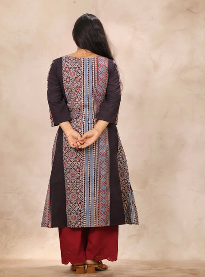 Black Ajrakh Pattern Hand Block printed Aline Kurti | Looms & Tassels