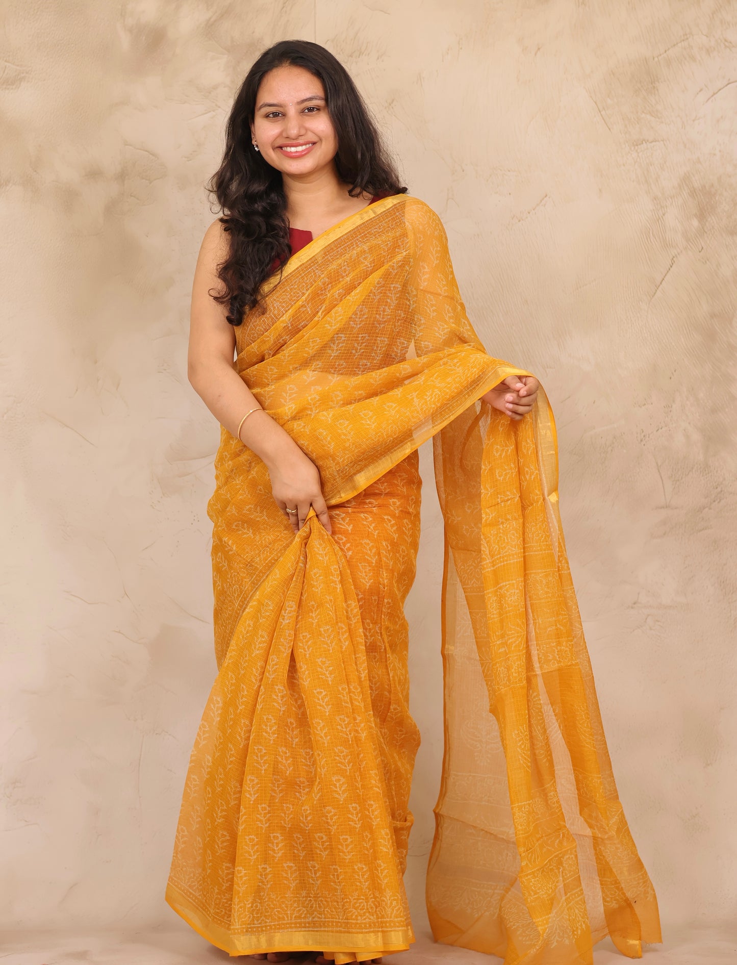 Yellow Pure Kota Doria Saree with Bagru Handblock Prints | Looms & Tassels