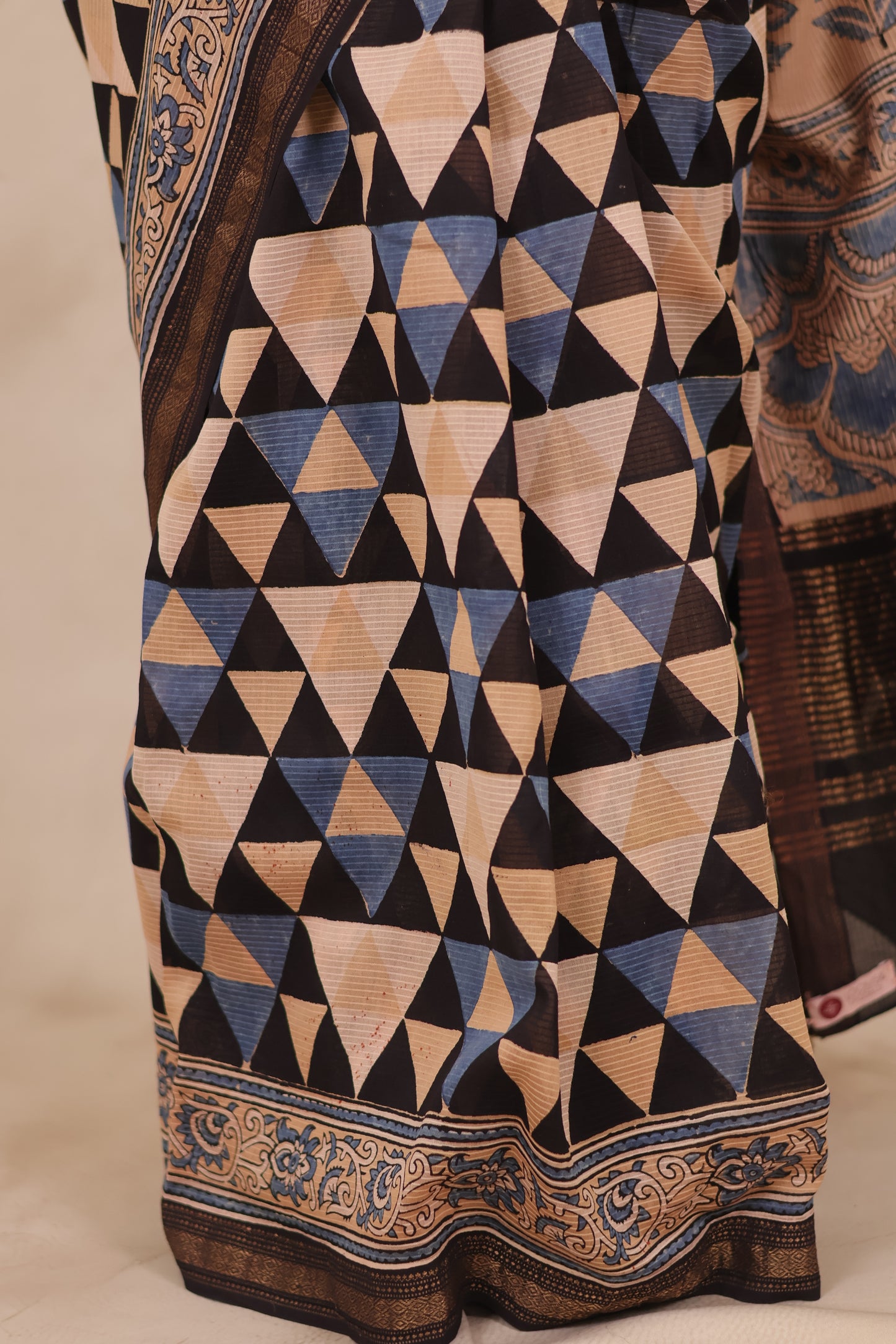 Maheswari Silk Cotton Ajrakh Handblock Printed Saree | Looms & Tassels