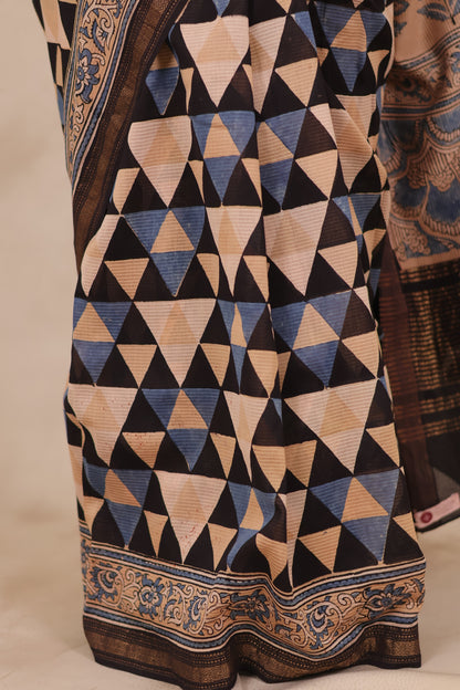 Maheswari Silk Cotton Ajrakh Handblock Printed Saree | Looms & Tassels
