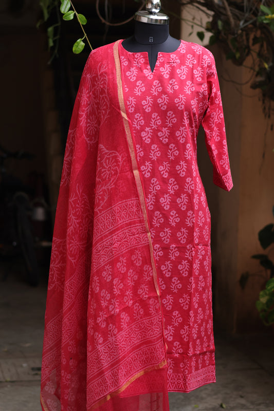 Handblock printed Pure Mul Cotton with Kota Doria Duppata 3 piece suit (stitched)