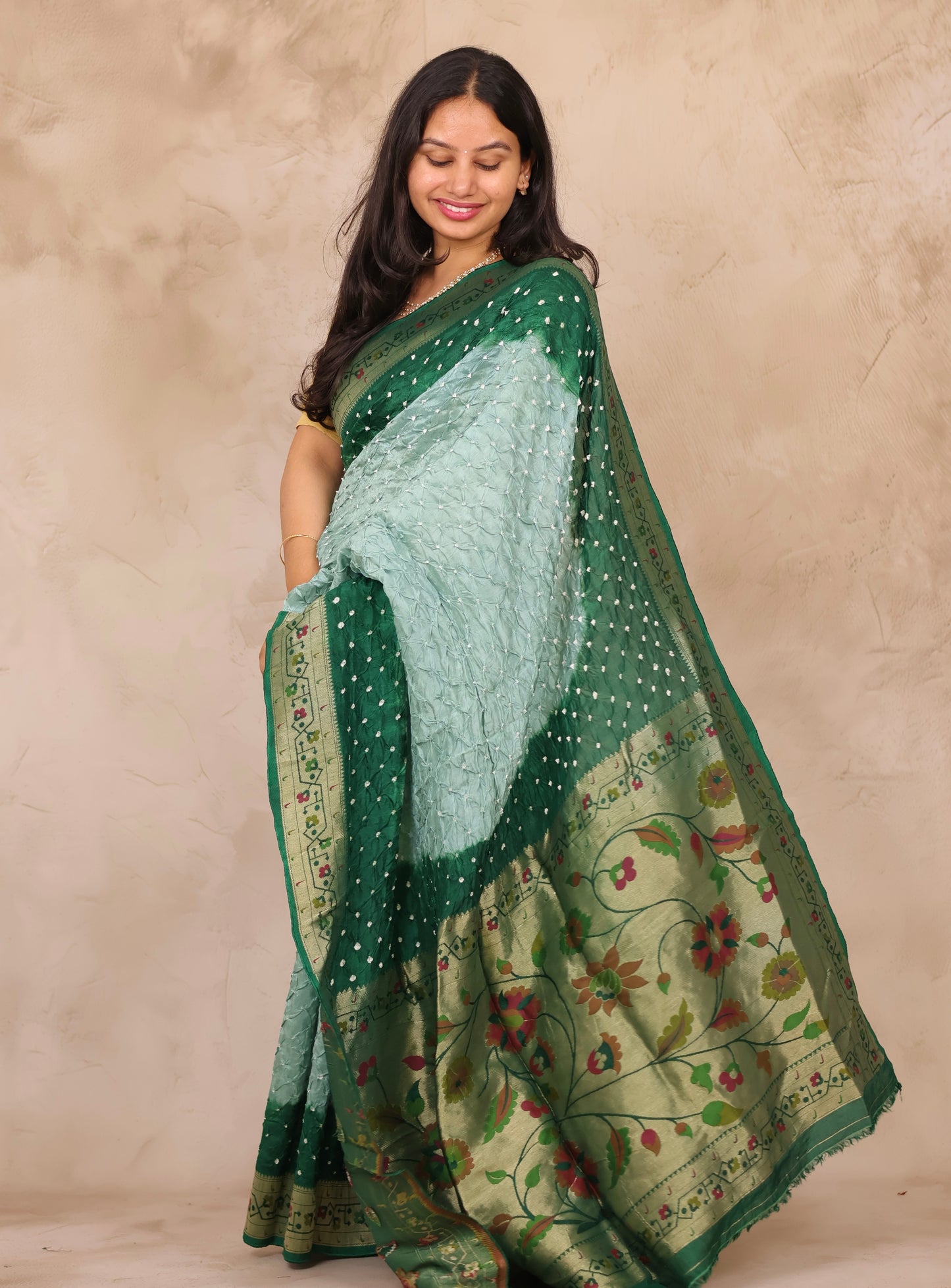 Green & Peach Handcrafted Bandhani Paithani Dola Silk Saree | Looms & Tassels