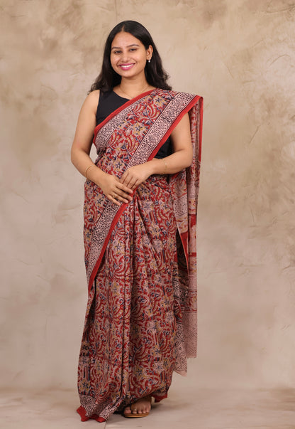 Red Hand Block Printed Kalamkari Cotton Saree | Looms & Tassels